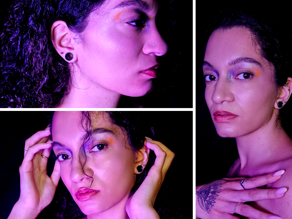 Maquillage créatif holographique violet liner fluo