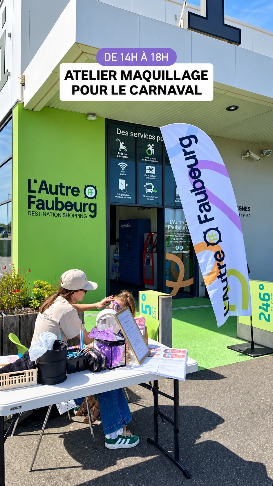 Stand maquillage pour le carnaval des enfants à L’Autre Faubourg à Cholet en avril 2026