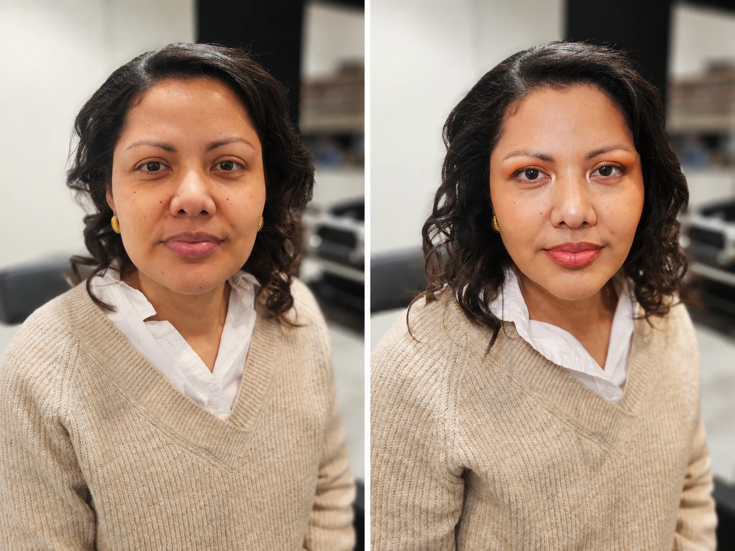 Avant après maquillage d’anniversaire de Chimène réalisé par Cloé MakeupArt à Air’Color au Bignon en janvier 2026